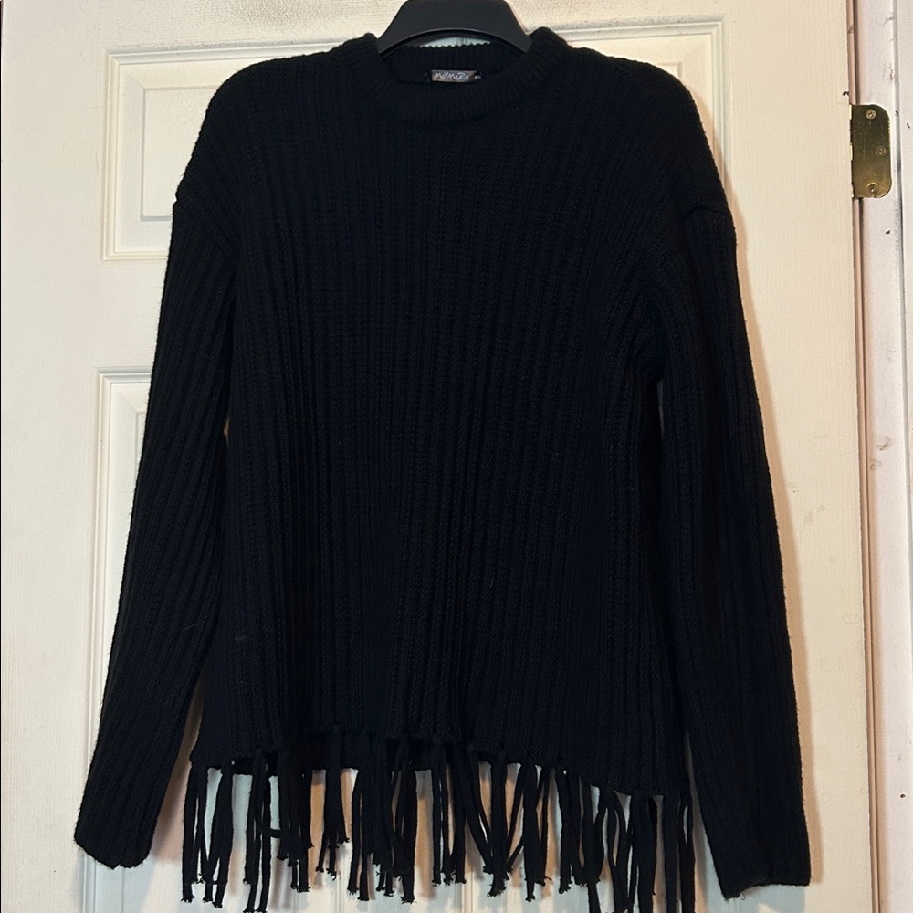 Maymara Fringe Crewneck Black Sweater Size Medium